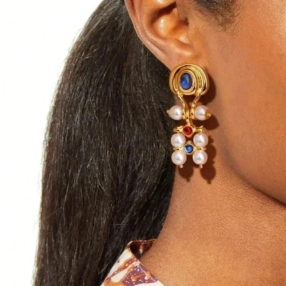 Blue Women's Imitation Stone Metallic Beaded Faux Pearl Gold Plated Earrings - Picture 7 of 8